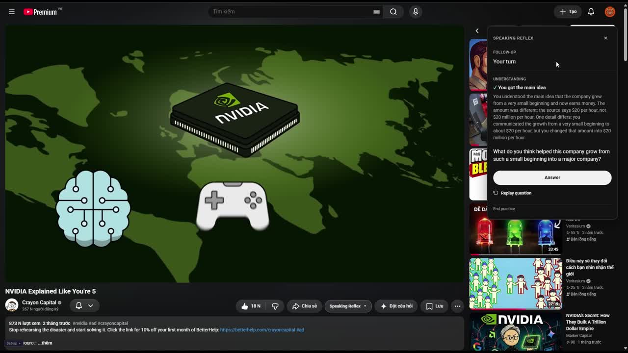 Speaking Reflex drawer on YouTube showing meaning feedback after a retell.